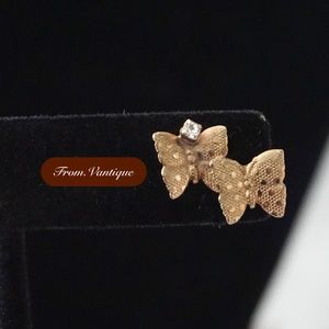 🦋 VINTAGE 2 Rose Gold Butterflies with Crystal Earring / Pin 🧷